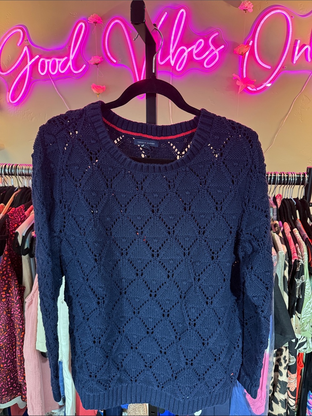 Tommy Hilfiger Navy Openwork Diamond-Knit Crewneck Sweater